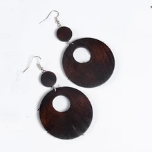 Women Vintage Simple Round Natural Wood Drop Earrings 7cm*4.5cm Silver Plated Dangle Earrings Big Circle Earrings Jewelry