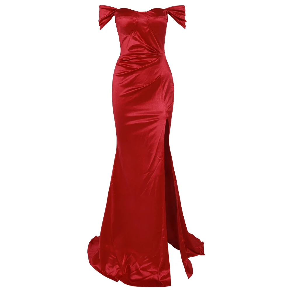 Najtaniej Missord 2019 kobiety Sexy biustonosz Off Shoulder eleganckie wysokie sukienki z rozcięciem kobiet Backless Solid Color Maxi Dress FT19566