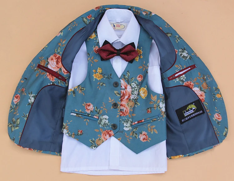 Детский костюм высокого качества с цветочным принтом, пиджак, нарядный костюм на свадьбу для мальчиков, комплект из 4 предметов: пиджак+ жилет+ штаны+ галстук-бабочка, размеры для 2-1-2 лет