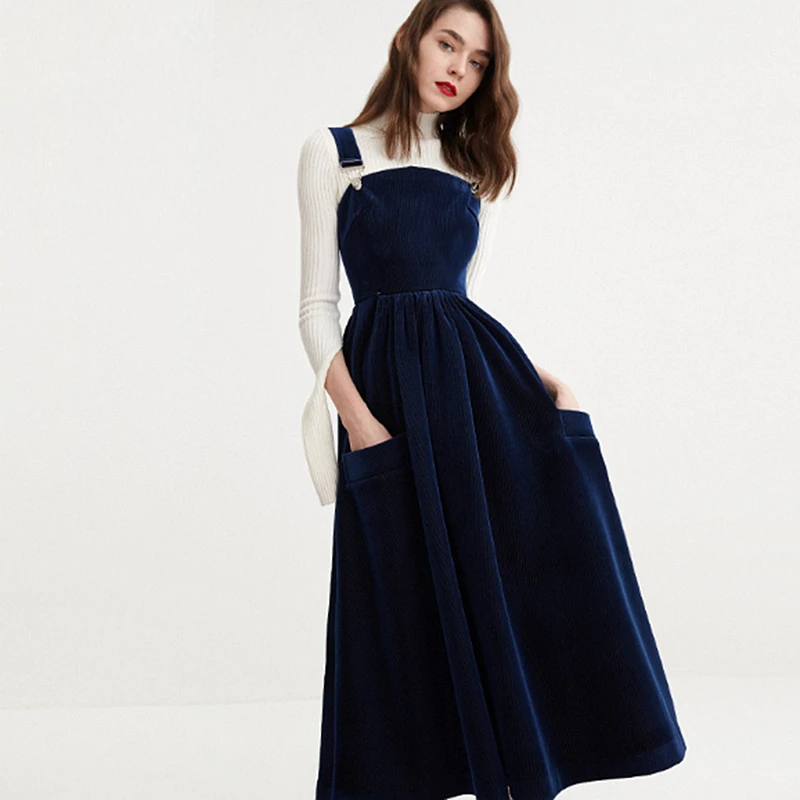 

Straps Dress Women Lanon Blended Corduroy Fabric Solid Pockets Simple Design Youth Sweet Style Female New Fashion Spring 2018