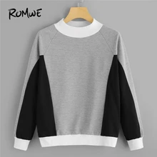 ROMWE серая толстовка с круглым вырезом и цветными блоками, осенние пуловеры, уличная одежда, топы, современная Женская Повседневная футболка с длинным рукавом