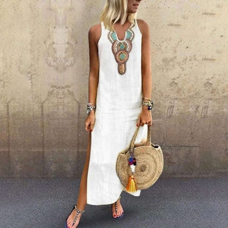 

boho long dress Women Ladies Sleeveless V-neck holiday vacation beach Shift Dress Solid Color Casual ethnic print Split Dresses