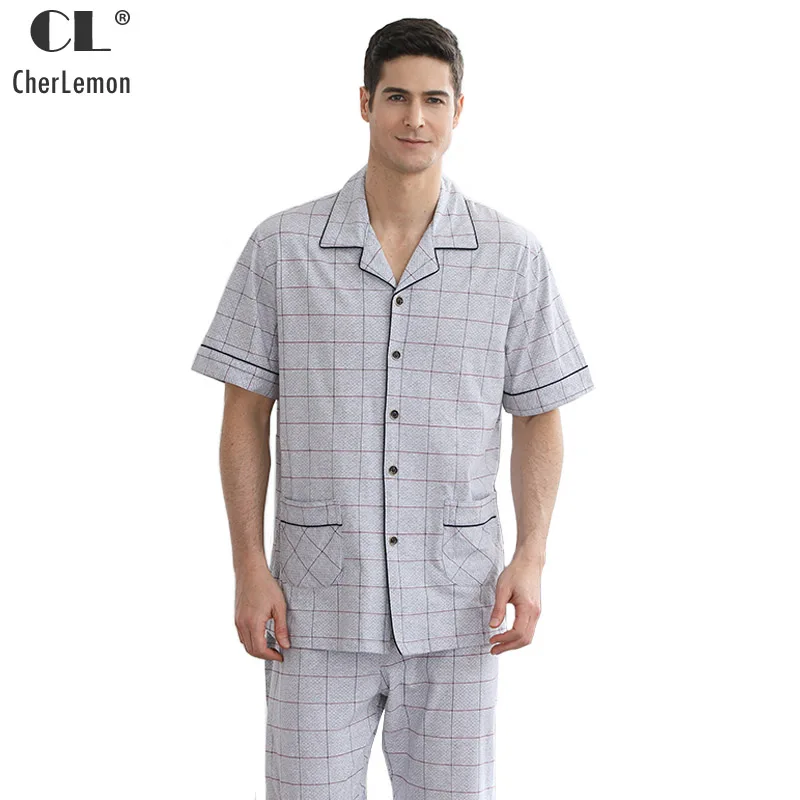 

CherLemon Summer 100% Cotton Pajamas Mens Short Sleeve Turn Down Collar Plaid Sleepwear Male Cozy Loungewear M-4XL Pijama Hombre