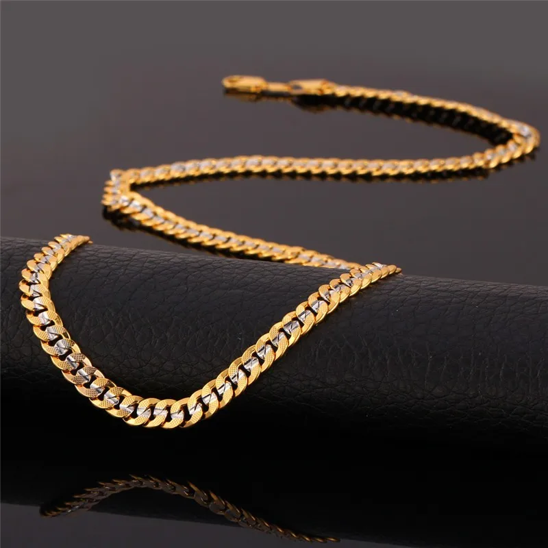 Мужские двухцветные кубинские браслеты с цепочкой и ожерелье, комплект украшений, модные комплекты ювелирных изделий 55 см 6 ММ золотого цвета NH828