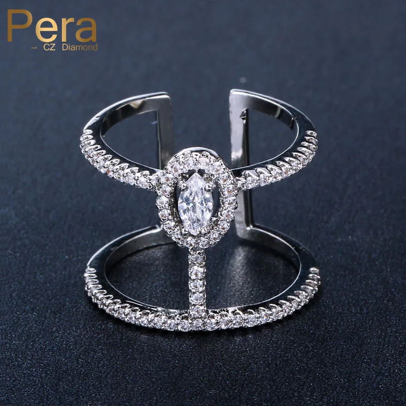 

Pera High Quality Women Engagement Party Double Round Full Sparkling Cubic Zirconia Paved Open Cuff Rings For Gift Jewelry R074