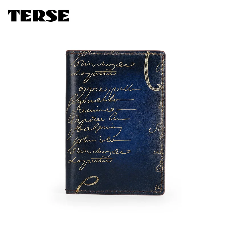 

TERSE_Golden engraving card holder handmade genuine leather card wallet for men in blue/ burgundy/ blue grey custom 435-1