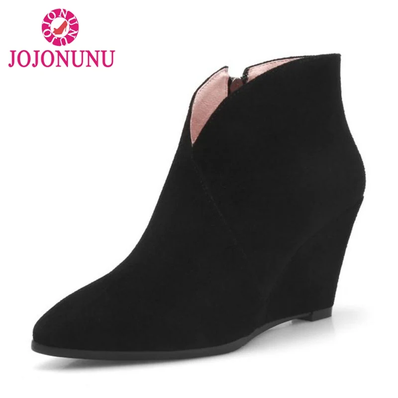 

FITWEE Women Wedges Ankle Boots Genuine Leather Autumn Winter Shoes Women Sexy Pointed Toe Zipper Short Boots Size 34-39