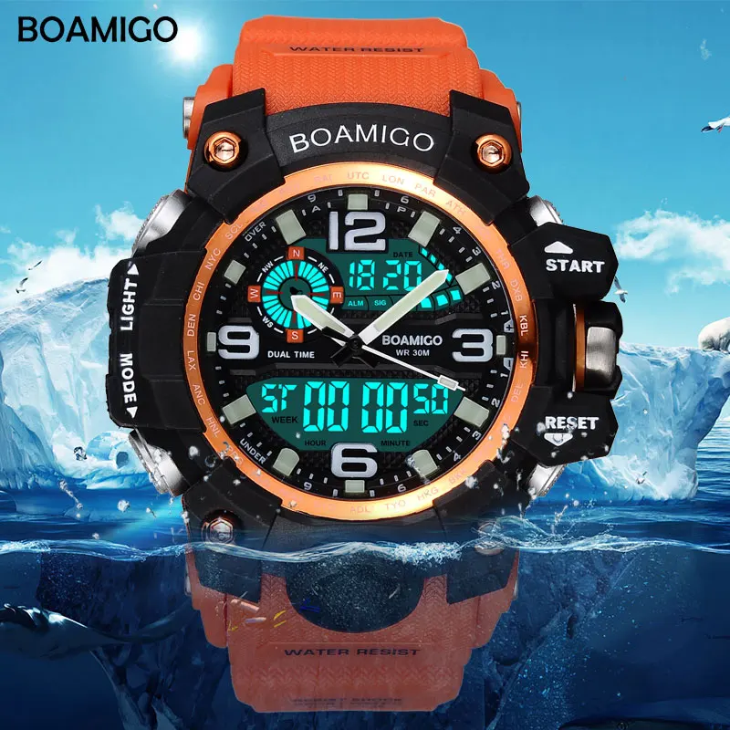 Comprar Relojes Deportivos para Hombre Relojes de Pulsera de Goma de Cuarzo para Nadar de Color Naranja, de Marca BOAMIGO, Reloj Impermeable Reloj Masculino
