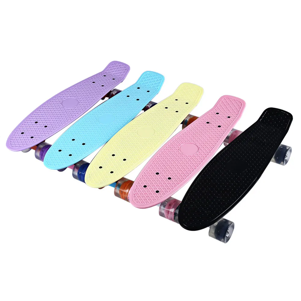 

22 Inches Four-wheel Mini Cruiser Banana Style Longboard Pastel Color Skate Board with LED Flashing Wheels Retro Skateboard