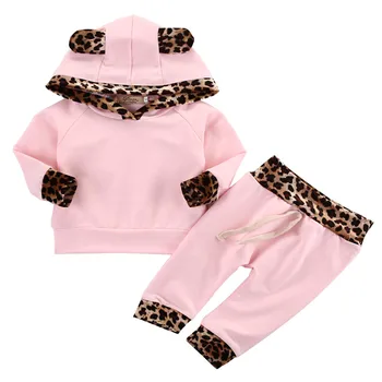 

2018 2pcs suit baby girl clothing sets Newborn Baby Girls Pink Long Sleeve leopard Hoodie Sweatshirt+Pants Outfits Set