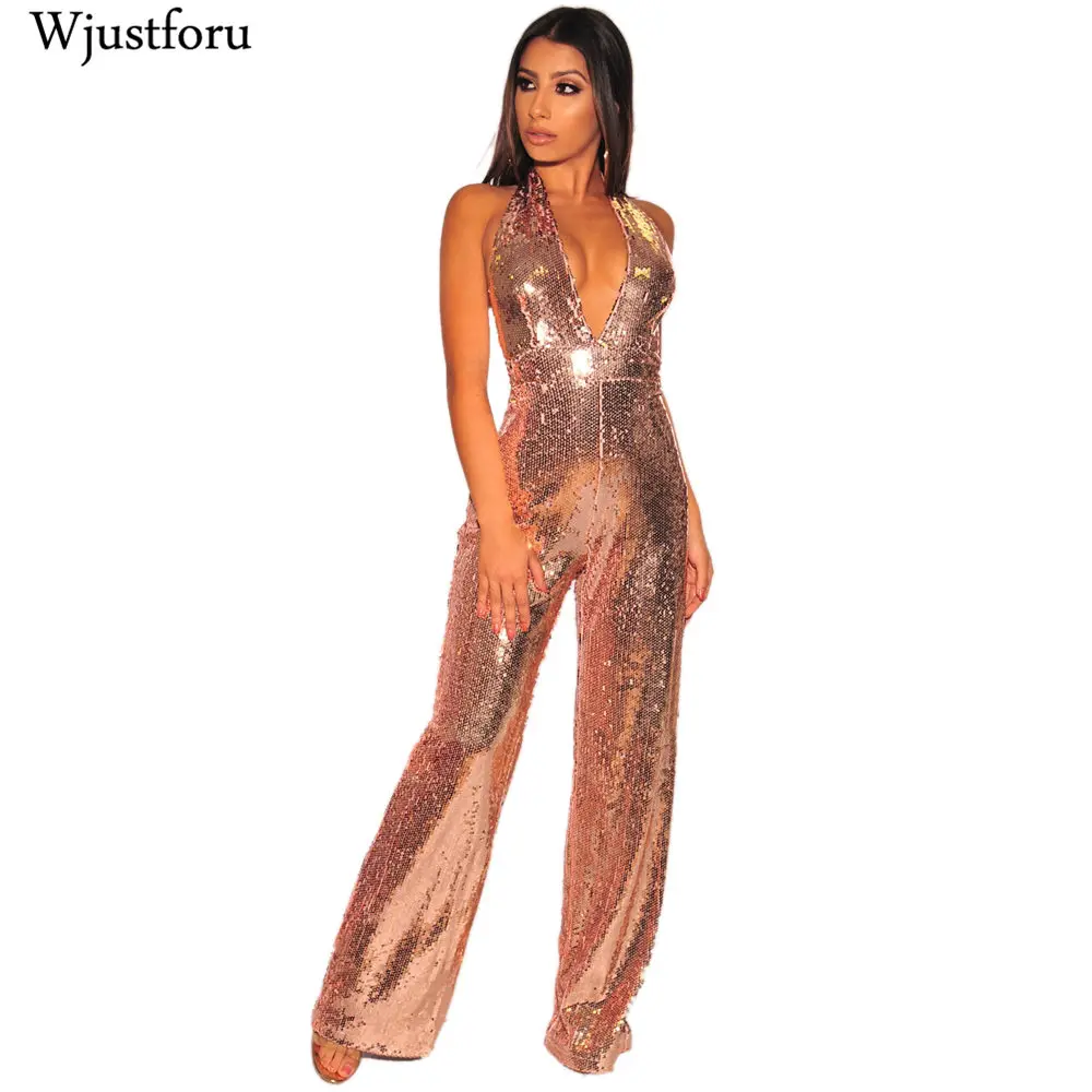 

Wjustforu Spaghetti Strap Sexy Sequined Jumpsuit Women Fashion Backless Wide Leg Bodysuit Female Off Shoulder Elegant Overalls
