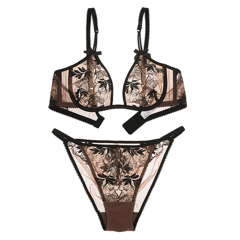 CINOON women's intimates embroidery thin lingerie Lace bra set transparent temptation underwear Garters bralette