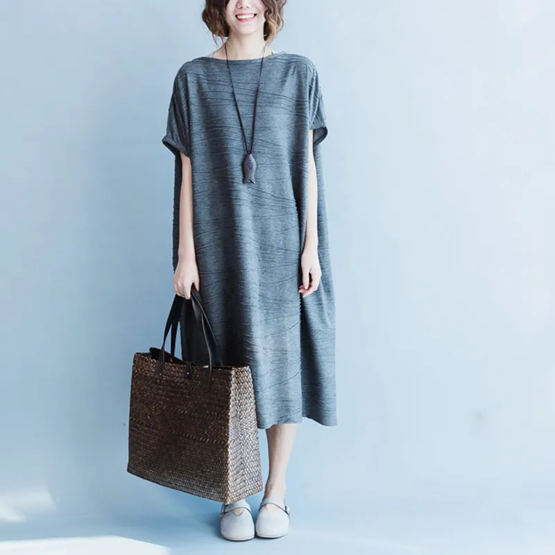 

Johnature Womens Dresses New Arrival 2019 Summer Casual Korean O-neck Solid Color Short Sleeve Loose 3 Colors Cotton Women Dress