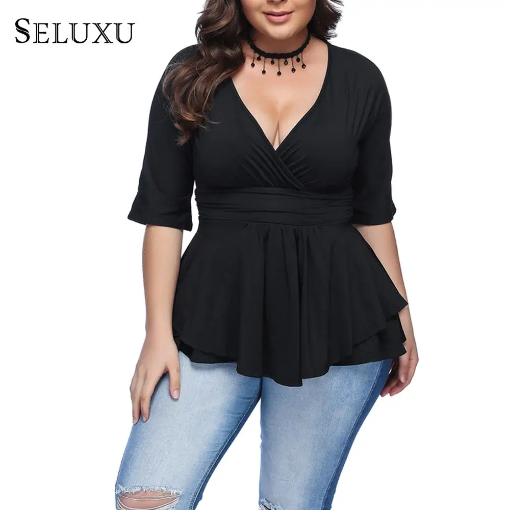 

Seluxu 2019 New Fashion Sexy Women Plus Size Pleated Front T Shirt Short Sleeve V Neck Ruched Loose Tee Tops Women T-Shirt