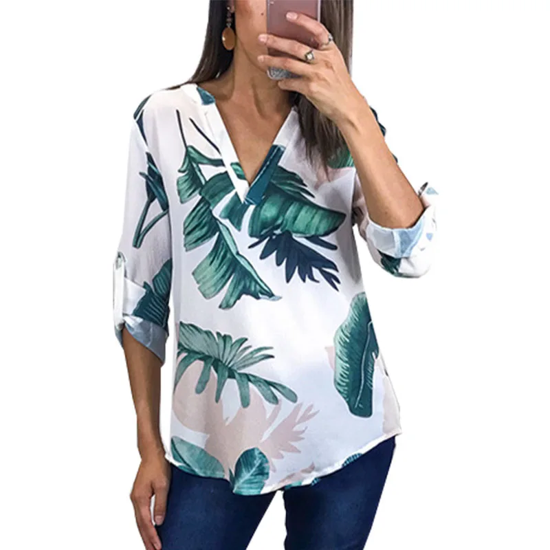

New women blouse 2019 fashion Foreign trade Hot sell flower leaves print v-neck half sleeve loose womens tops vestidos OYM0862