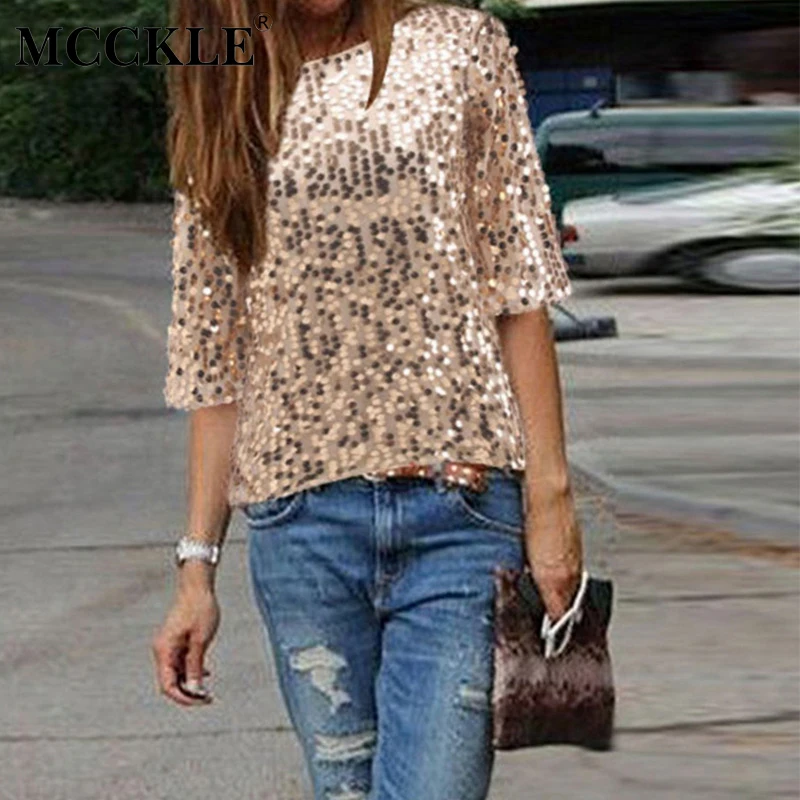 

Women's Sequined 3/4 Sleeve T-Shirt Round Collar Solid Dance Shinny Tshirt Female 2019 Summer Sexy Fashion Female Clubwear Tops