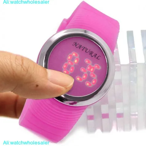 DW418J PNP Shiny Silver Watchcase LED Silicone Pink Band Men Women Digital Watch