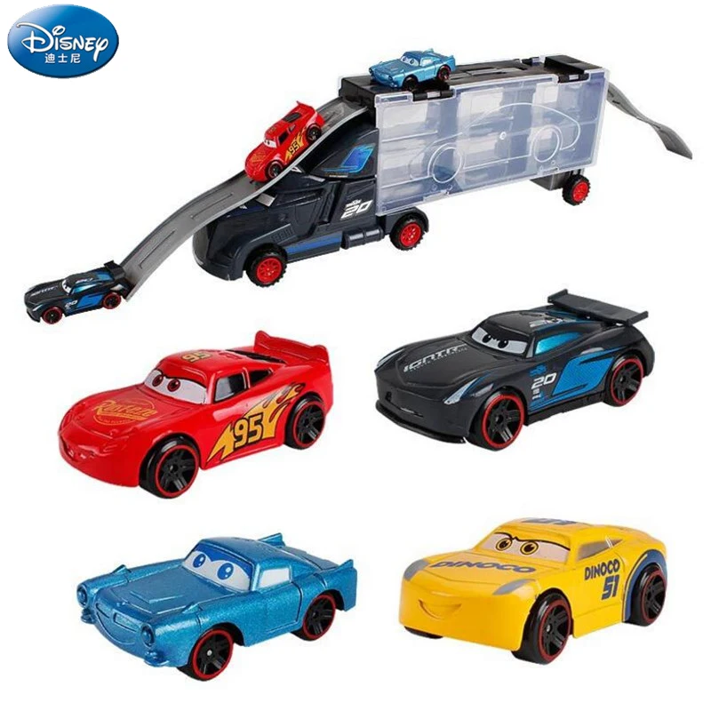 Натуральная disney Diecast металлического сплава Pixar Cars 3 из металла грузовик тягача с 6 маленький автомобиль disney игрушки набор для детей 40*8*14 см