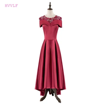 

Red Evening Dresses 2019 A-line Cap Sleeves Beaded Crystals Hi Low Women Long Evening Gown Prom Dresses Robe De Soiree