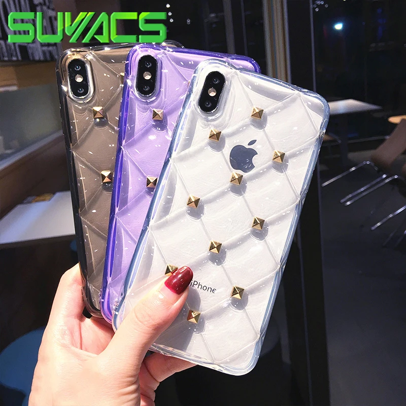 

SUYACS Luxury Rivets Square Phone Cases For iPhone XR XS Max 6 6S 7 8 Plus X Transparent Soft TPU Phone Back Cover Shell Gifts