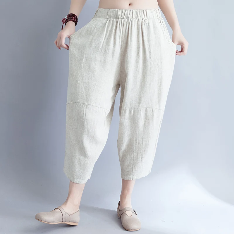 Simple Design Pure Apricot Linen Pants Women New 2018 Summer Cropped
