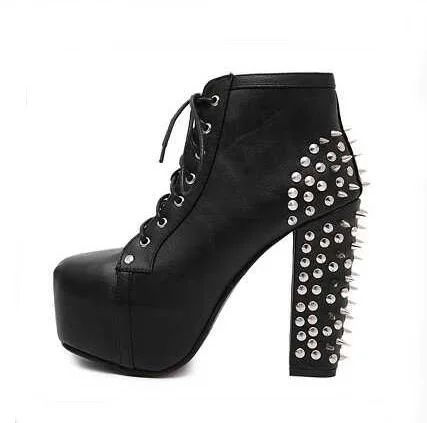 

Fashion Black White Rivets Embellished Motorcycle Boots Spring Square Toe Lace Up Ankle Booties Sexy High Thick Heels 12cm