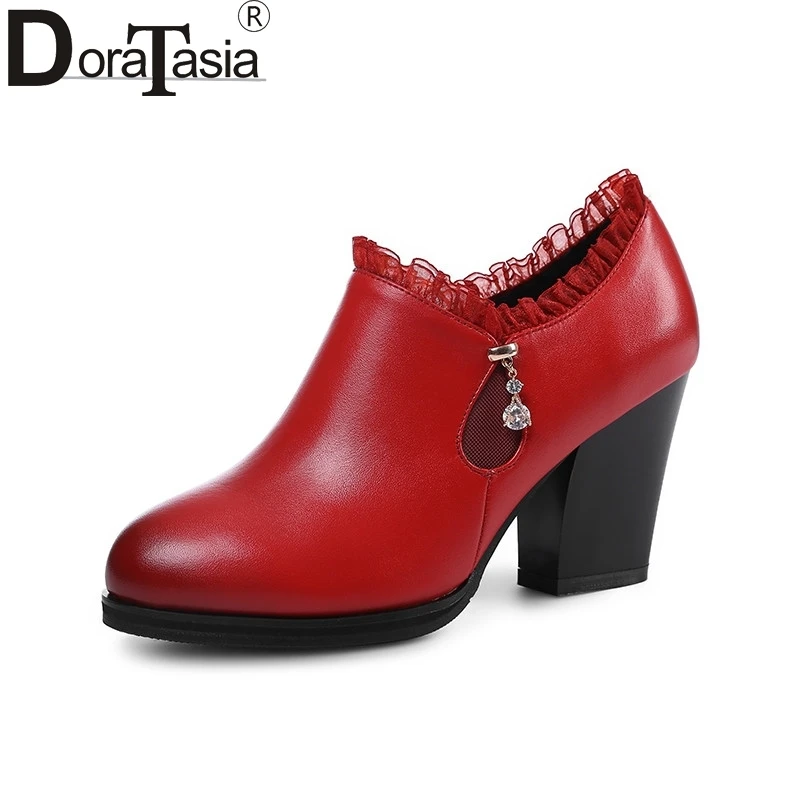 

DoraTasia 2019 Spring Autumn Fashion Genuine Leather Women Lace Pumps High Heels Platform Zip Ol Shoes Woman