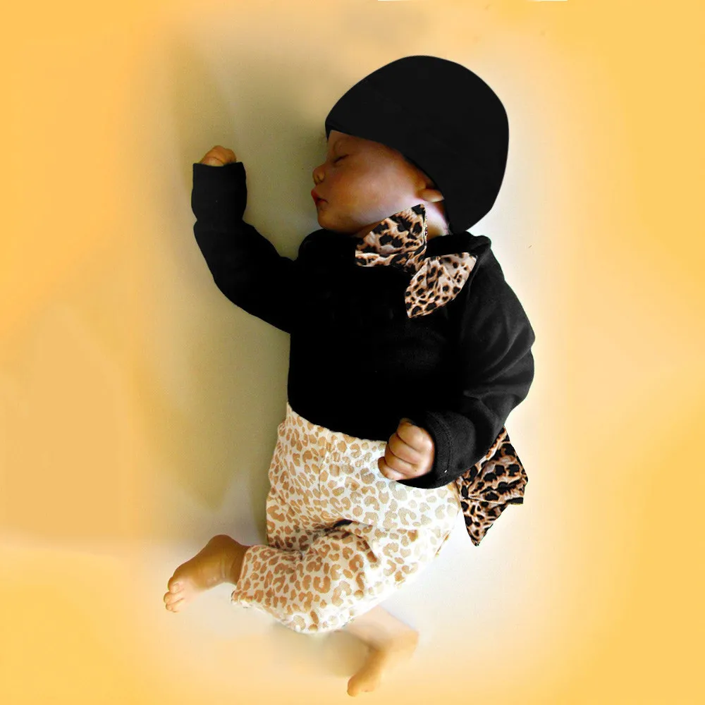 

Fashion Newborn Infant Baby Girl Clothes Romper Tops+Leopard Pants Hat 3PCS Cotton O-Neck Outfits Set