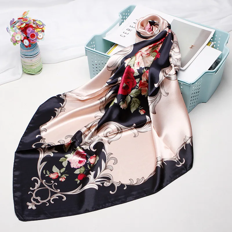

Fashion Floral Print Hair Scarf For Women Kerchief Silk Satin Hijab Scarfs 90*90cm Square Shawl Headband Scarves For Ladies 2019