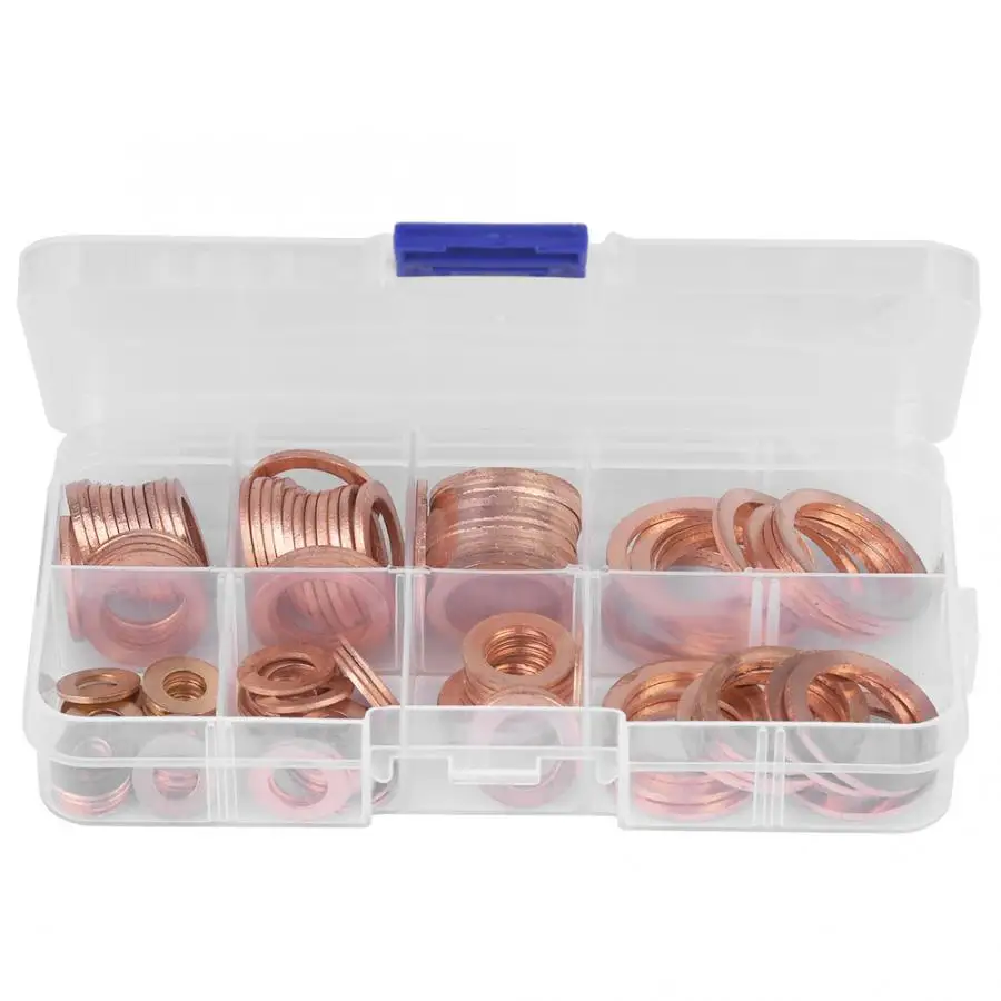 

120pcs 1 Box Assorted Solid Copper O-Shape Seal Washer Set Screw Nut Copper Flat Gasket Seal Ring Sump Plug Oil Seal Fittings