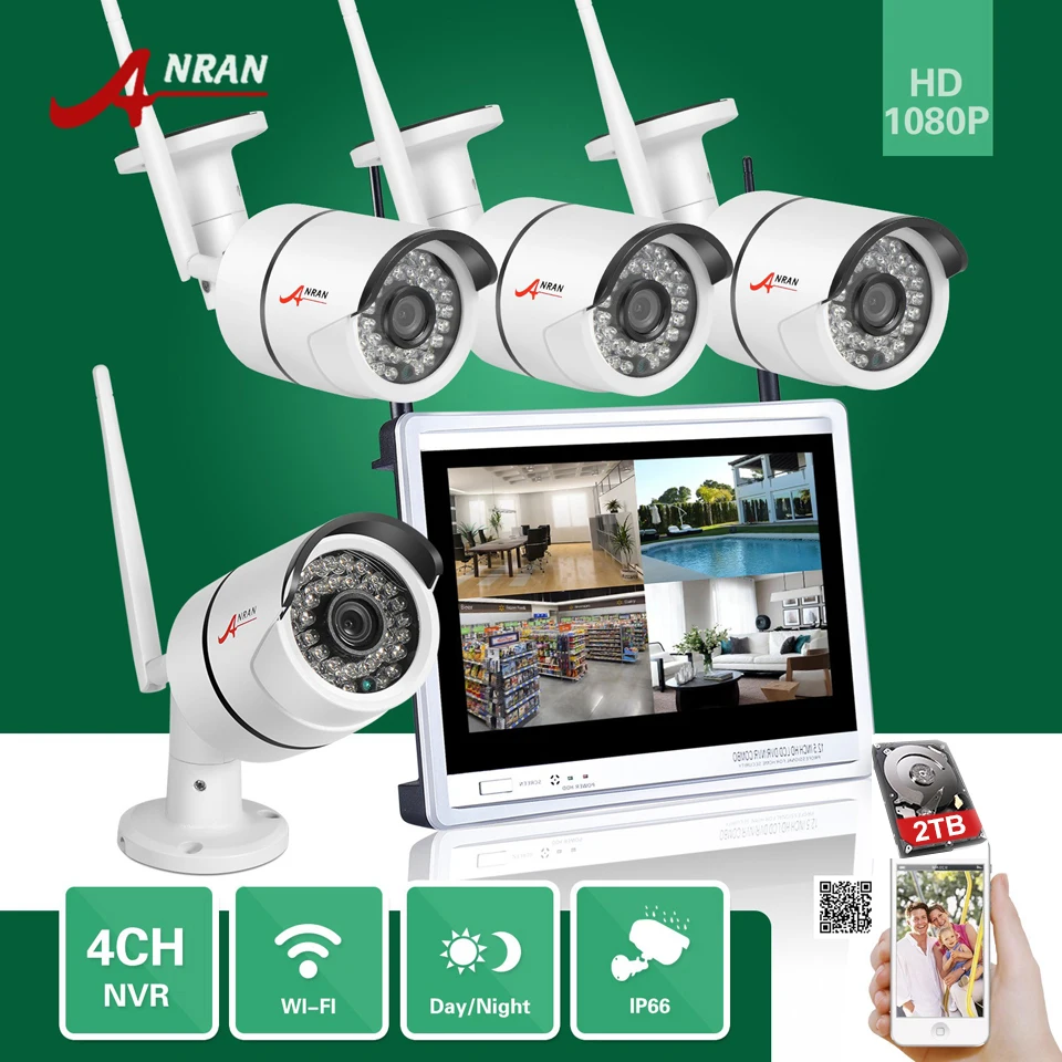 Anran 1080 P P2P 4CH WI FI NVR 12 дюймов ЖК дисплей Мониторы 36 ИК открытый мини Беспроводной ip