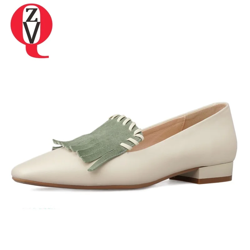 

ZVQ shoes women 2019 spring new concise casual high quality genuine leather women flats outside fringe square toe ladies shoes