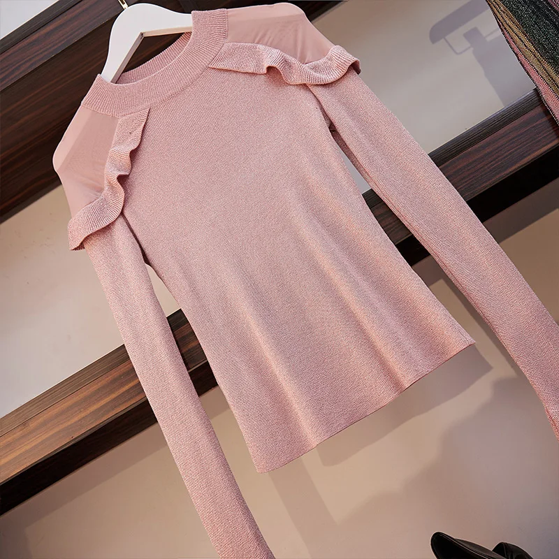 HAMALIEL, новинка, Осенние костюмы из 2 частей, женский розовый вязаный свитер с оборками+ шикарный Длинный плиссированный Цветной полосатый комплект с юбкой