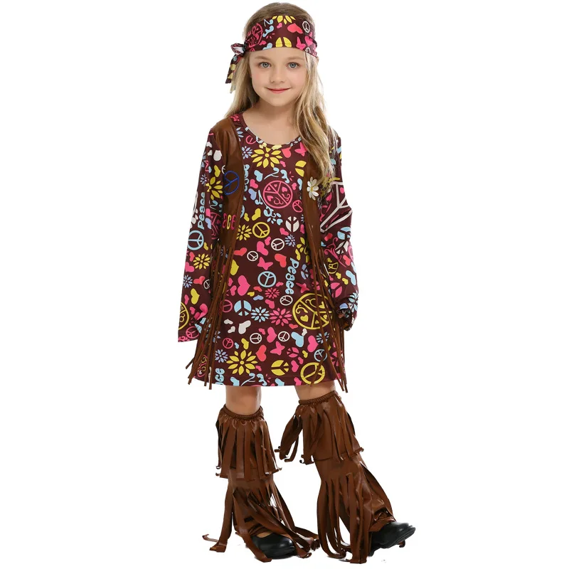 

Children's Halloween Carnival Party Cosplay Girls Vintage 60s 70s Hippie Costume Concert Hippy Rock Role Play Fancy Dress Up