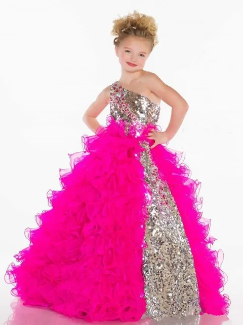 Best price at $114 Cheap Cute Princess One Shoulder BlingBling Sequins Pleat Organza Fuchsia White Ball Gowns Flower Girl Glitz Pageant Dress