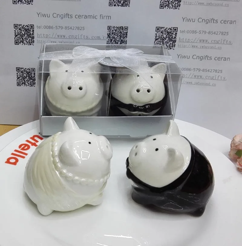 100 компл./лот черный оранжевый цвет Керамическая Свинья Жених и невеста Солонка и перец шейкер для свадебной вечеринки подарки для гостей сувениры