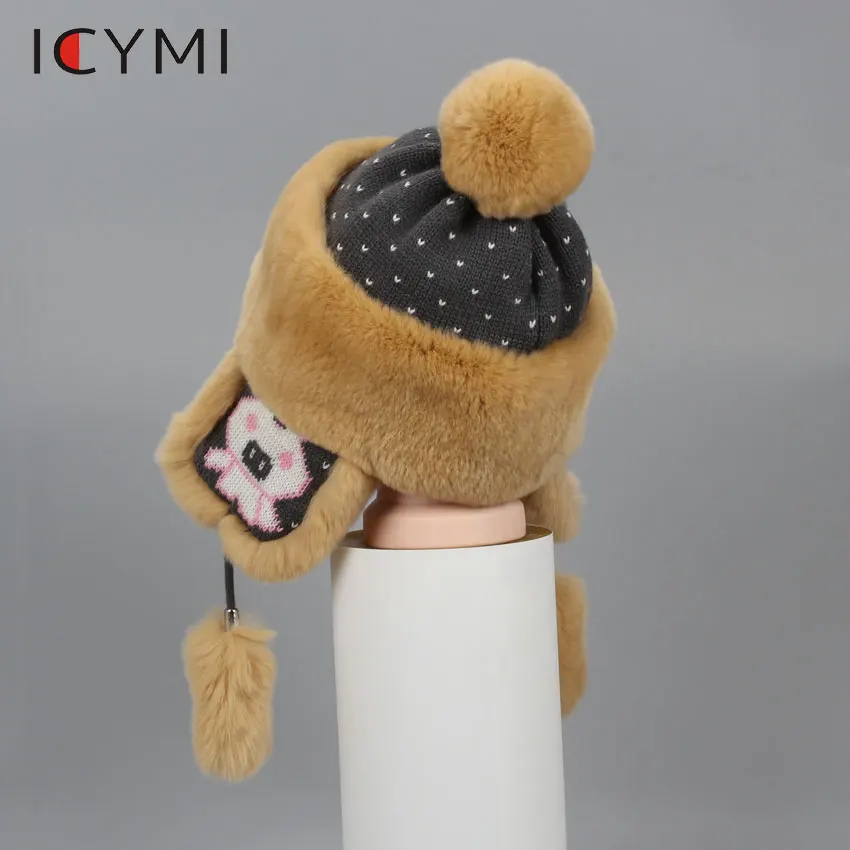 ICYMI/зимние шапки-бомберы из натурального меха кролика Рекс, детские шапки-бомберы для мальчиков и девочек, теплые меховые шапки-бомберы, симпатичные наушники, шапки s