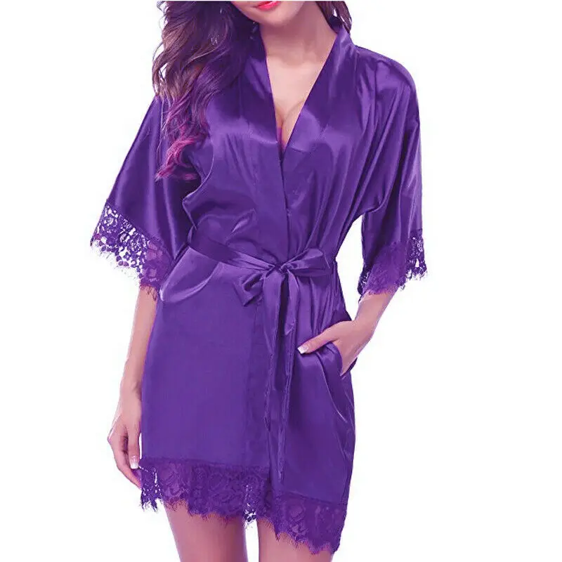 Hot Women robe Silk Satin Robes Wedding Bridesmaid Bride Gown kimono Solid robe Female Erotic Lace Sex Costume