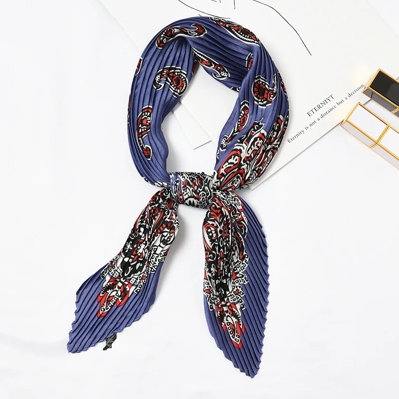 55x55cm Pleated Small Square Scarf Satin Silk 2019 New Leopard Dot Crinkle Bandana Hair Head Neck Wrap Bag Women Handkerchief