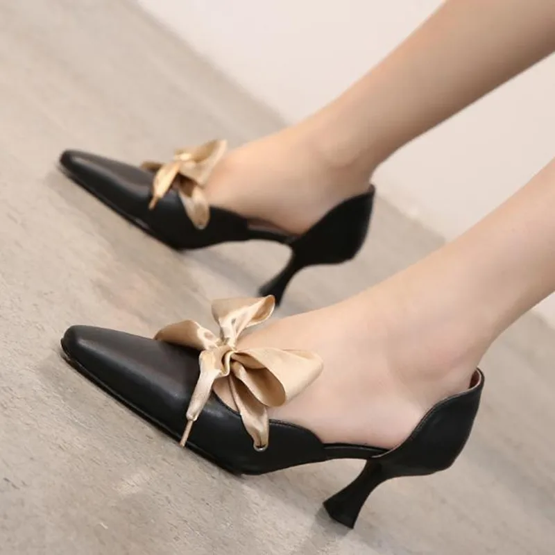 

Fashion new bow high heels women's shoes Sexy stiletto Black shallow mouth pointed shoes Tacones Mujer zapatos mujer obuv