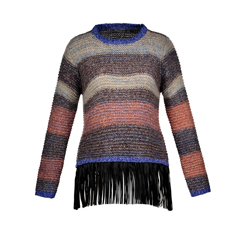 Queenus 2018 New Spring Slim Sweater Stripe Patchwork