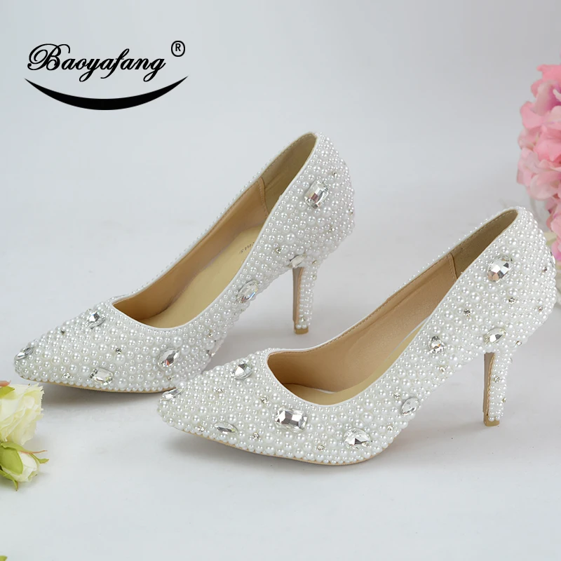 

BaoYaFang Pointed Toe White Pearl Beaded Sweet heel Wedding shoes Woman Crtstal party heels Female single shoes