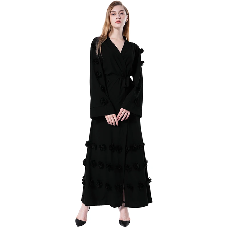 

2019 New Women Muslim Maxi Dress Loose Robe Flowers Front Open Tied Arab Abaya Islamic Cardigan Women Waist Long Sleeve Dresses