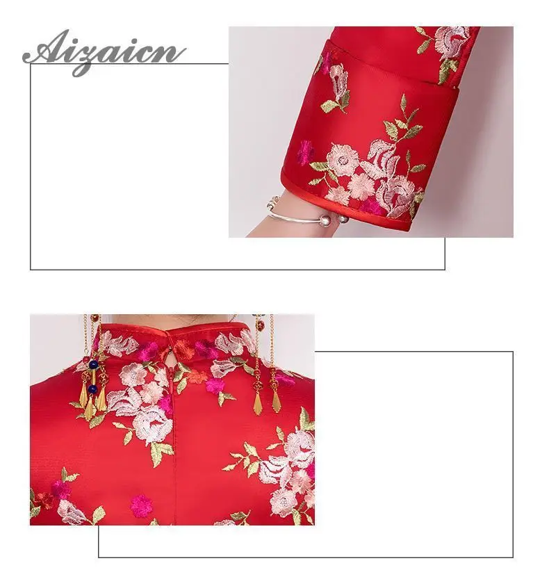 Rojo de novia estilo chino vestido de novia Cheongsam манга larga bordado Qipao vestido tradicional bata Chinoise 2019