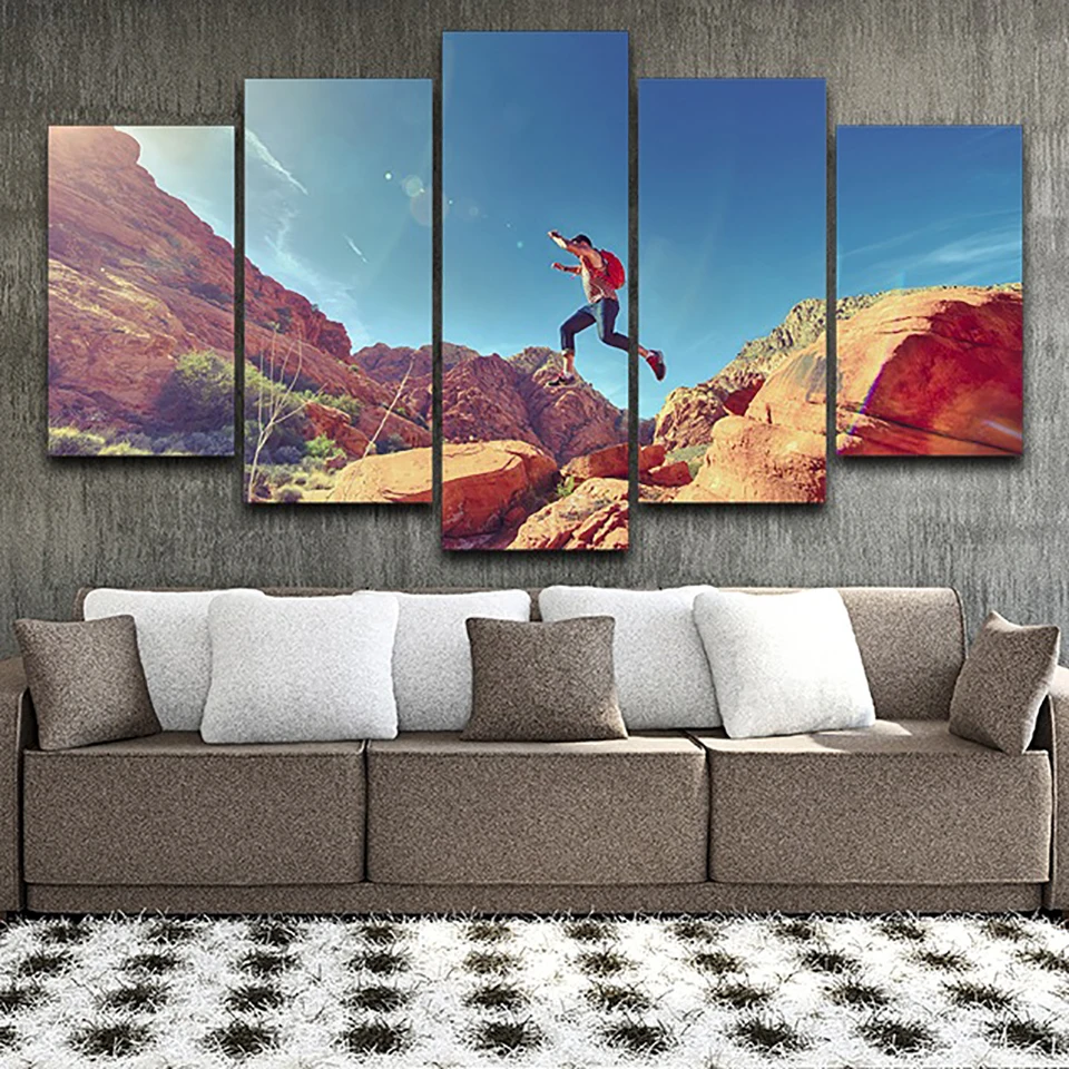 

HD Printed Canvas Wall Pictures Poster Framework 5 Panel Climber Jump Mountain Artwork Painting Modular Home Decor Living Room