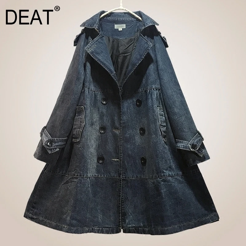 

DEAT 2020 Autumn Winter Fashion Women Jacket A-line Full Sleeve Turn-down Collar Deep Washed Denim Long Coat WB14901XL Plus Size