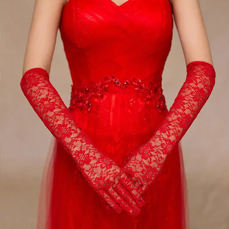 Красные кружевные перчатки длиной до локтя, длинные перчатки для свадьбы, свадебные перчатки для невесты, женские белые свадебные перчатки, свадебные аксессуары - Цвет: Красный