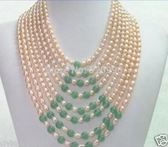 

Wholesale&FREE P&P****8row 7-9mm pretty pink Pearl Green Jade Necklace (C0309)