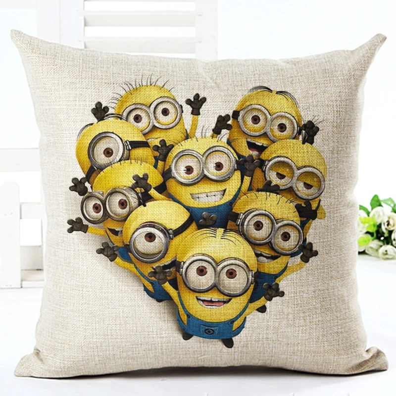 

2016 High Quality New Arrival Home Decorative Cartoon Style Cotton Linen cushion Minions Print Throw Pillow Square Cojines
