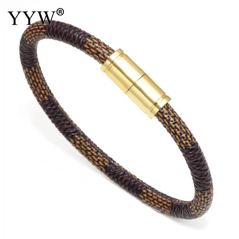 

Hot Leather Bracelet Jewelry Stainless Steel Geometric Clasps Leather Bangles Luxury Brand Charm Bracelet For Men Pulsera Hombre